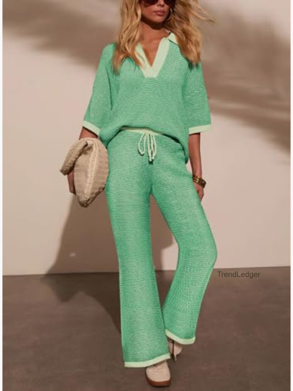 2 Piece Lounge Set Oversized V Neck Top High Waisted Pants - Picture 4 of 7